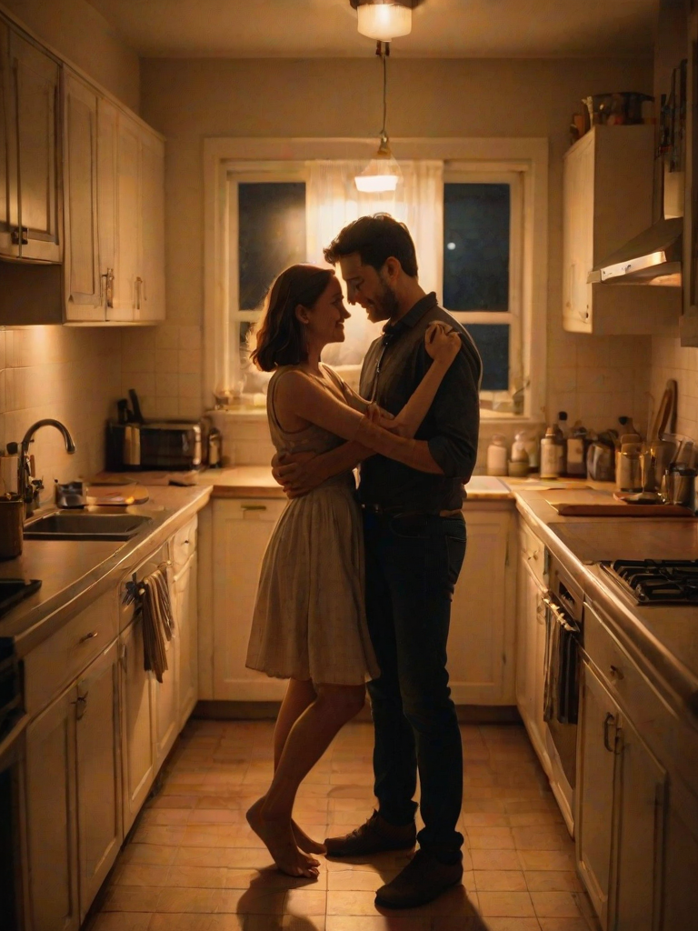 Warm, intimate image of a couple dancing in the kitchen at midnight, soft glow from overhead lights casting warm shadows, with the smell of fresh bread lingering in the air.