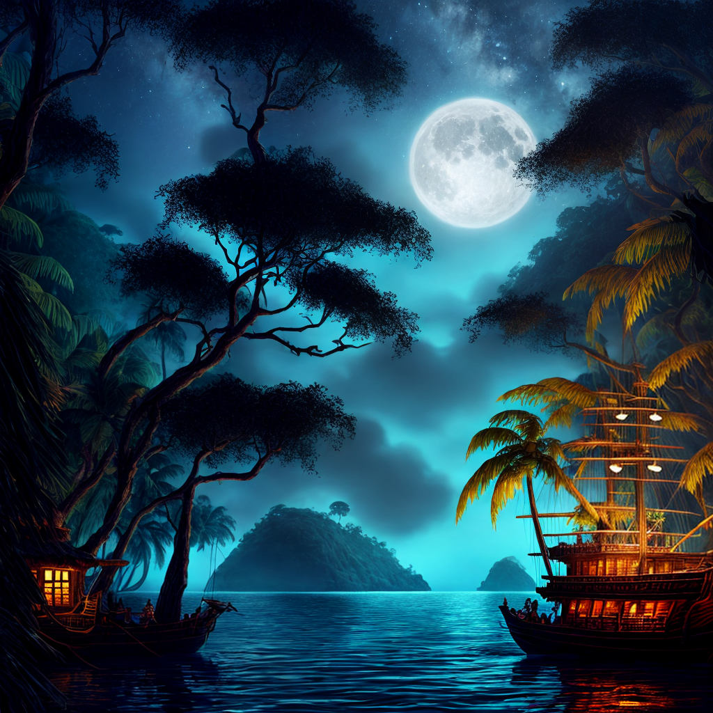 pirate ship at night with lighted windows coming into a tree filled ...