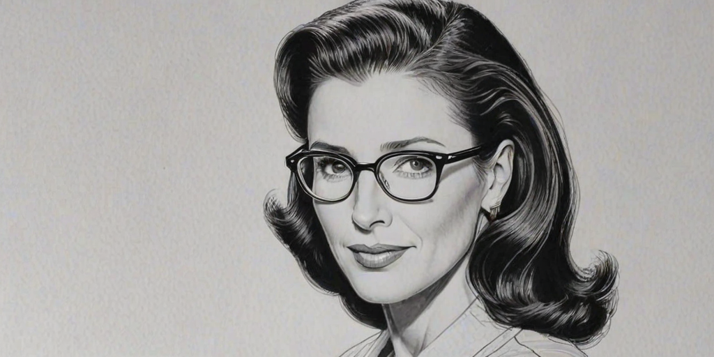 Dazzling Mimi Rogers, pencil sketch, portrait of Lovely woman 1948s in glasses, hair style beatnik, outline, clear lines, fine lines, 8k