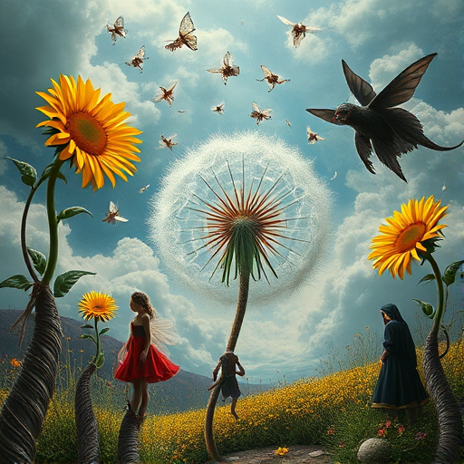A surreal allegory featuring ethereal fairies, towering sunflowers, and an enigmatic witch, all set within a dreamlike landscape. The scene is dominated by a colossal dandelion, its delicate seeds floating through the air, reminiscent of Yves Tanguy's abstract forms. The environment is a blend of otherworldly elements and natural beauty, with twisted, elongated shapes and surreal colors that evoke a sense of mystery and enchantment.
