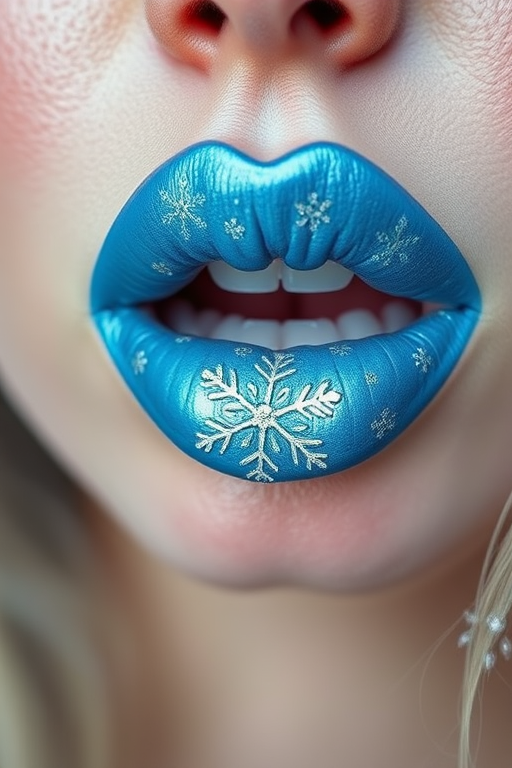 Icy blue lips with snowflake designs in silver, titled "Frost Queen," create a wintry and magical look with a metallic finish for holiday parties and winter wonderland themes