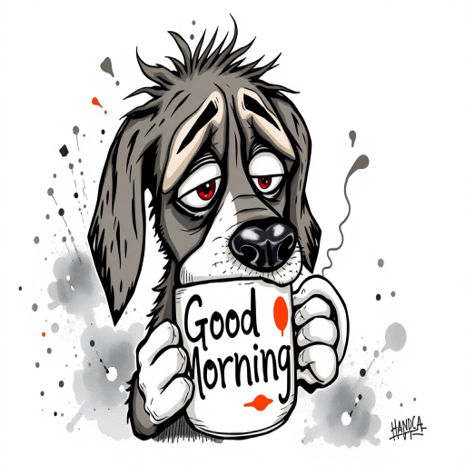 A quirky, artistic illustration of a disheveled bagle hound dog breed with exaggerated, large eyes and spiky fur, holding a coffee mug that reads "Good Morning". The dog has a tired but humorous expression, with ink splatters and abstract details surrounding it, giving a whimsical feel to the image. The color palette is mostly monochrome with hints of red in the eyes and steam rising from the mug, enhancing the overall sleepy vibe