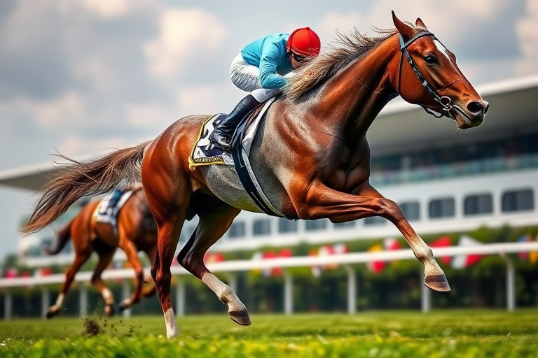 A dynamic shot of a racehorse in full stride, captured from a low angle with a shallow depth of field to blur the background, using a DSLR camera with a 50mm lens, aperture set at f/2.8, shutter speed at 1/1000s, and ISO 200 for vivid colors and sharp details.