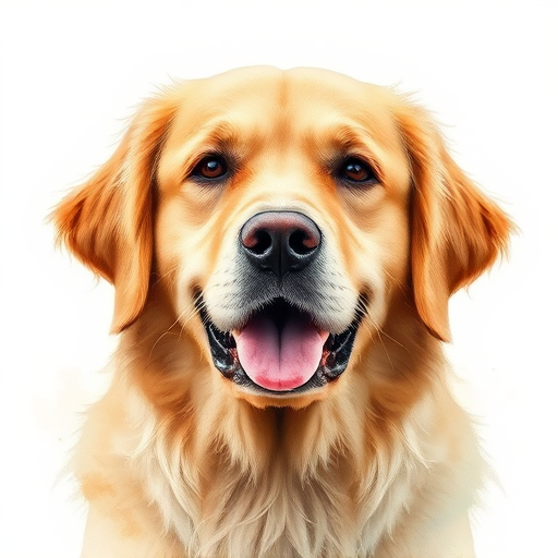 Generate a high-resolution watercolor portrait of a golden retriever, captured with a Canon EOS 5D Mark IV, using a 50mm f/1.8 lens, at ISO 100, f/2.8, and a soft-focus, natural light style.