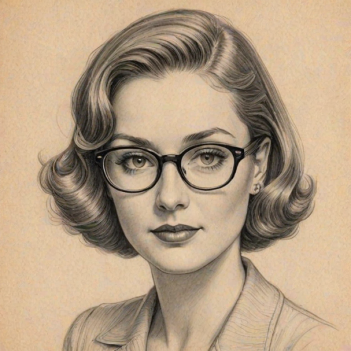 Gorgeous Bobbie Phillips, pencil sketch, portrait of Resplendent woman 1932s in glasses, hair style beatnik, outline, clear lines, fine lines, 8k