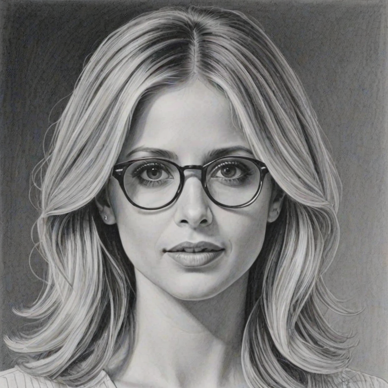 Attractive Sarah Michelle Gellar, pencil sketch, portrait of Comely woman 1971s in glasses, hair style beatnik, outline, clear lines, fine lines, 8k