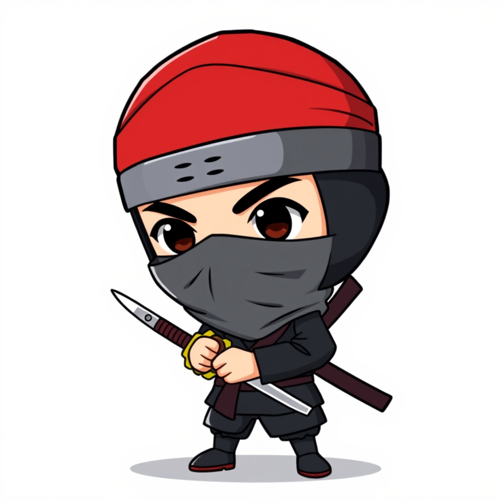 Create a cartoon-style image of a ninja character with black attire and a red headband, holding a small sword, in high resolution, using a DSLR camera with an aperture of f/2.8, ISO 100, 50mm lens, and a focus on the character against a simple background.