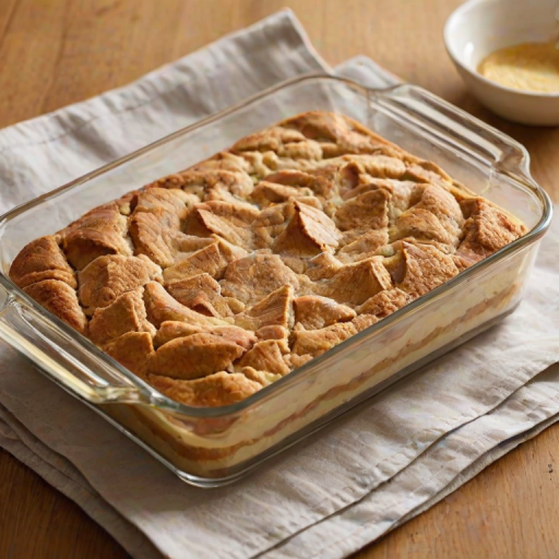 Generate an image of a freshly baked dessert in a glass dish, showing a golden-brown top with a slightly crispy texture. The dessert should have a few slices cut out, revealing a moist, fluffy interior. The setting should have a kitchen background with a stove and other cooking utensils visible.