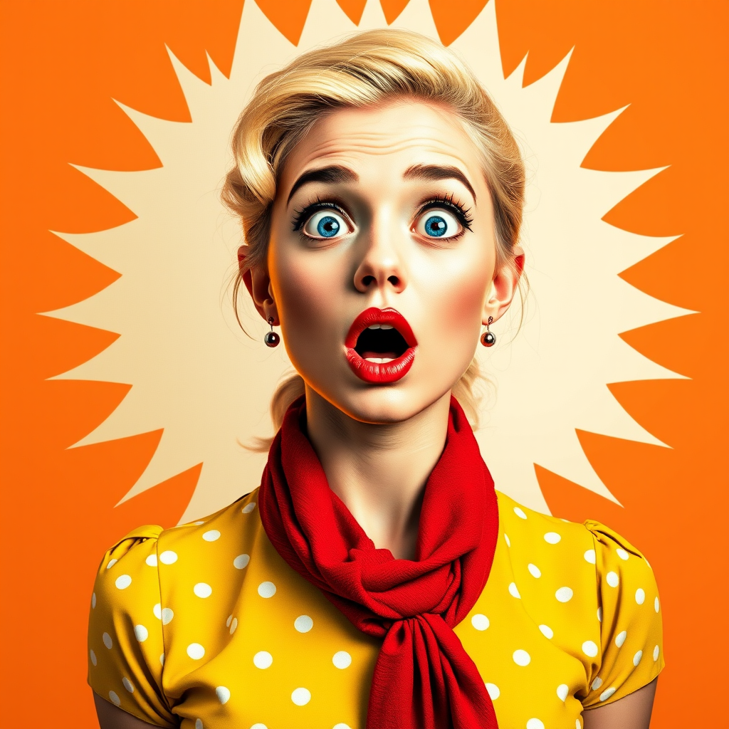Create a high-resolution pop art illustration of a surprised woman with blonde hair and blue eyes, wearing a yellow dress with polka dots and a red scarf, using a Canon EOS R5 camera, 50mm lens, f/1.8 aperture, ISO 100, 1/200s shutter speed, soft diffused lighting, and a slightly elevated frontal angle for a dramatic effect.
