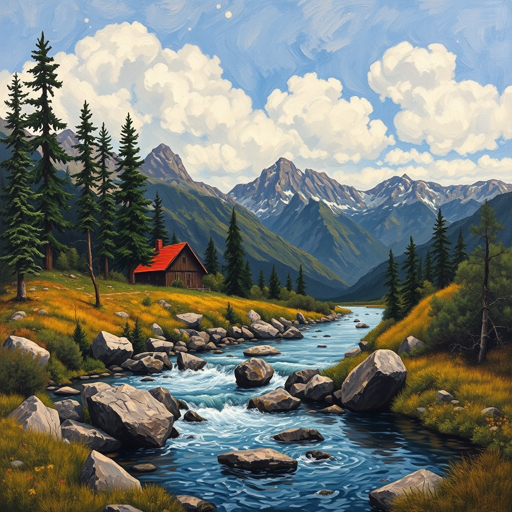 This Van Gogh-inspired painting depicts a peaceful scene of a small cabin located near a flowing river. The scene is surrounded by lush vegetation, including tall trees and rocky terrain. In the background, majestic mountains rise under a sky filled with rolling clouds. The river gently cascades over the rocks, adding a sense of movement and tranquility to the scene. The use of vibrant colors and detailed brushstrokes create a sense of depth and harmony in the natural setting.
