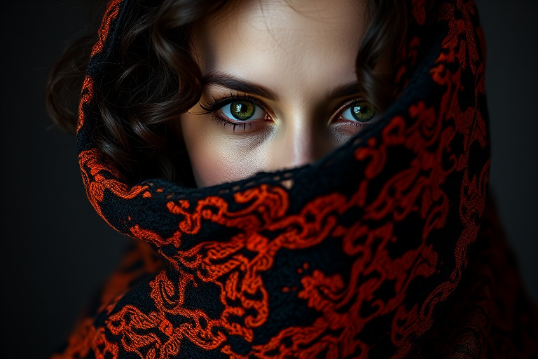 portrait of a woman with dark curly hair and striking green eyes partially covered by an intricate black and orange lace shawl, soft diffused lighting, 50mm lens, f/1.8 aperture, ISO 100, shallow depth of field, shot in a studio setting