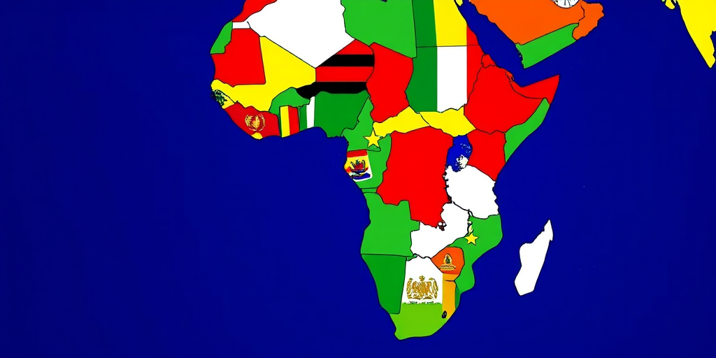 Create a high-resolution map of Africa filled with the flags of each country, using a digital illustration style with vibrant colors, ensuring a clear view from a slight aerial perspective, simulated in a 4K quality with sharp details and bright contrasts, using a Canon EOS 5D Mark IV with a 24-70mm lens at f/8, ISO 100, and a shutter speed of 1/250s.