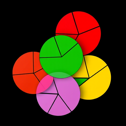 Generate a high-resolution image of five overlapping circular pie charts in red, green, yellow, pink, and blue, showcasing distinct segments with black outlines, using a DSLR camera with a 50mm lens, aperture set to f/2.8, ISO 100, in a well-lit studio setting for sharp detail and vibrant colors.