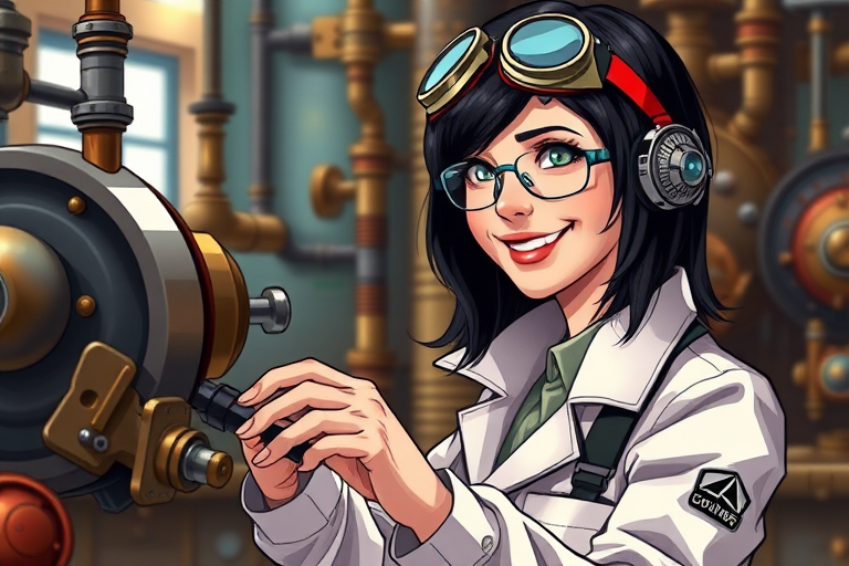 Create an illustration of a confident female scientist with black hair and goggles, smiling while interacting with a futuristic machine, set in a steampunk laboratory environment, using a DSLR camera with a 50mm lens at f/1.8, ISO 100, and soft natural lighting for enhanced color and detail.