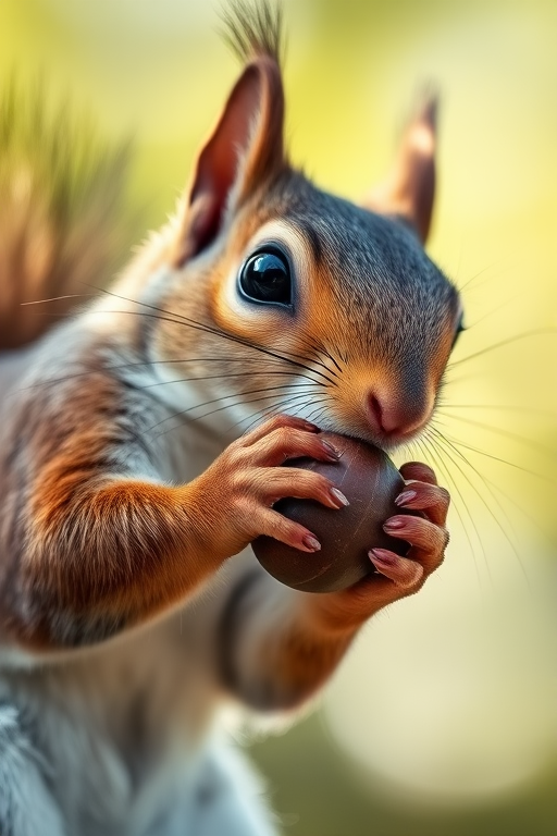 Close-up of a squirrel holding a nut, shallow depth of field, f/2.8 aperture, 50mm lens, ISO 100, natural sunlight, soft focus background, high-resolution image.