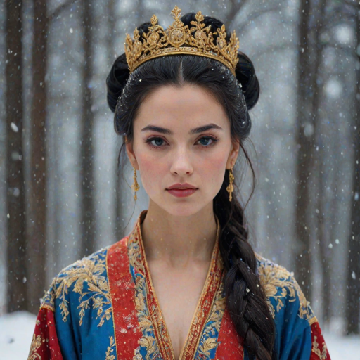A young woman with long black hair styled in a high bun, adorned with a gold crown and intricate hair ornaments, stares intently at the viewer. She wears a vibrant red and gold embroidered robe with blue accents, a gold belt with a large ornate buckle, and a blue and gold shoulder piece. The woman is positioned in the center of the frame, with the background blurred and filled with falling snow. The image has a soft, ethereal feel with a focus on the woman's face and attire, creating a portrait-like composition. The colors are rich and saturated, with the red, gold, and blue of the clothing standing out against the muted blue and white of the snowy backdrop. The lighting is soft and diffused, casting a warm glow on the woman's face.  The overall mood is elegant and mysterious.  The details of the woman's attire, especially the intricate embroidery and embellishments, add a sense of opulence and grandeur.  The falling snow further enhances the sense of winter magic and wonder.