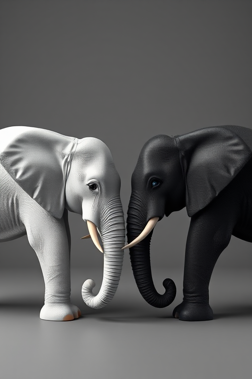 Create a 3D render of a white elephant and a black elephant facing each other on a gray background, using a DSLR camera with a 50mm lens, aperture f/2.8, ISO 100, and a soft diffused light source to enhance texture and depth.