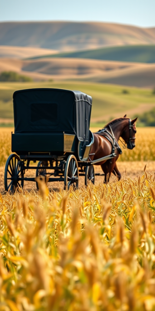 Capture a clear image of a black horse-drawn carriage in a golden cornfield with a blurred background of rolling hills, using a DSLR camera with a 50mm lens, aperture set to f/2.8 for a shallow depth of field, ISO 100 for optimal light, and a shutter speed of 1/250 seconds to freeze motion.