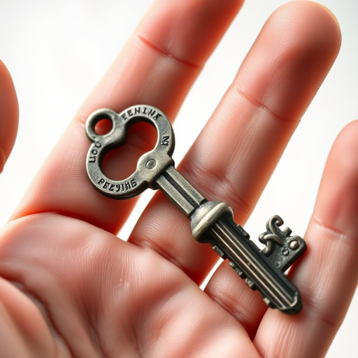 Create a high-resolution image of a vintage metal key being held by a hand, using a DSLR camera with a 50mm lens, aperture set to f/2.8, ISO 100, 1/200s shutter speed, soft natural lighting, and a shallow depth of field to emphasize the key against a blurred white background.