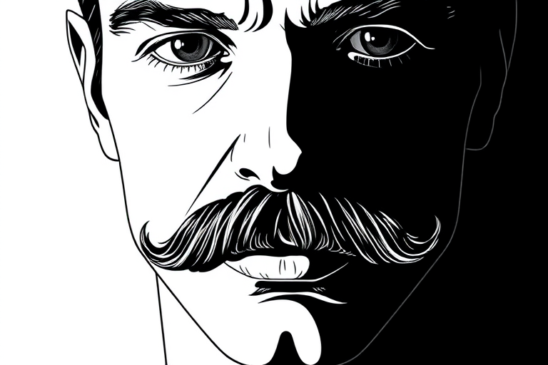Create a high-contrast line art image of a face with a prominent mustache, using a DSLR camera with a 50mm lens, aperture set to f/2.8, ISO 100, and a shallow depth of field to enhance detail and quality.