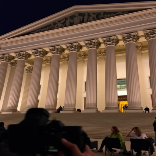 Capture the exterior of a grand building with tall columns at night, featuring people sitting and interacting, using a DSLR camera with a 50mm lens, aperture set to f/1.8 for a shallow depth of field, ISO 800, and a shutter speed of 1/60 seconds for optimal night exposure.