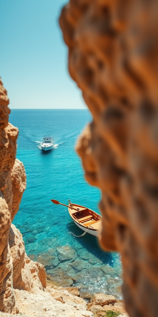 seaside view with a boat on clear blue water, golden rocky shore, sunny day, clear sky, focal length 35mm, aperture f/8, shutter speed 1/200s, DSLR camera, landscape orientation, high dynamic range imaging