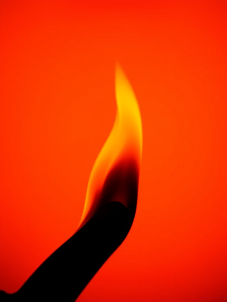 Create a high-definition image of a stylized flame silhouette against a vibrant orange background using a DSLR camera with a 50mm lens, aperture set to f/1.8, ISO 100, and a slow shutter speed of 1/60s to enhance color depth and sharpness.