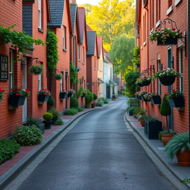Generate an image of a scenic street lined with charming red-brick houses featuring flower boxes and greenery, captured in golden hour lighting; use a DSLR camera with a 50mm lens, aperture f/1.8, ISO 100, and a wide-angle view for enhanced depth and detail.