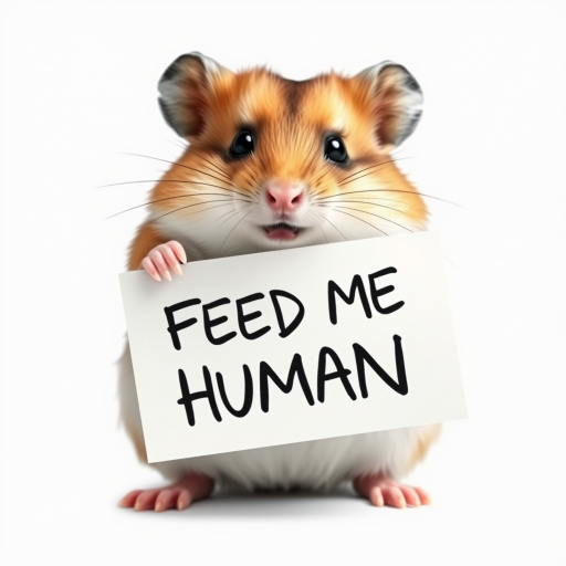 hamster holding a note which says "FEED ME HUMAN"