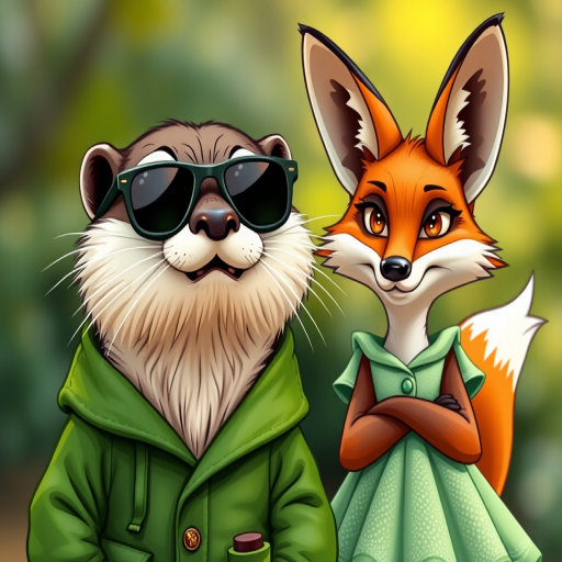 Regenerate the image of a cartoon otter wearing sunglasses and a green coat alongside a fox in a light green dress with a mischievous expression, using a 50mm lens, f/2.8 aperture, 1/125 sec shutter speed, and natural light, capturing vibrant colors and sharp details in a whimsical style.