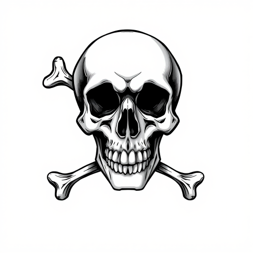 Create a detailed illustration of a stylized skull with crossed bones in a minimalist design, using a DSLR camera with a 50mm lens, aperture set to f/1.8, ISO 100, and soft lighting for enhanced contrast and clarity.