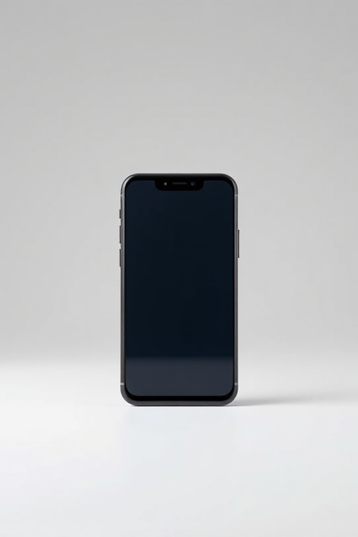 Create a realistic image of a modern smartphone with a sleek design, front view on a plain background, using a DSLR camera, 50mm lens, f/1.8 aperture, ISO 100, and a shutter speed of 1/200 sec to enhance detail and clarity.
