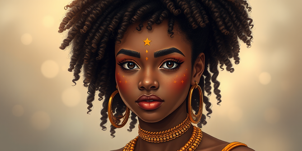 Create a detailed illustration of a young woman with natural, curly hair adorned with gold jewelry, featuring a star-shaped face paint, captured with a DSLR camera at ISO 100, aperture f/2.8, 50mm lens, in portrait mode with a soft focus background to enhance the subject's features.