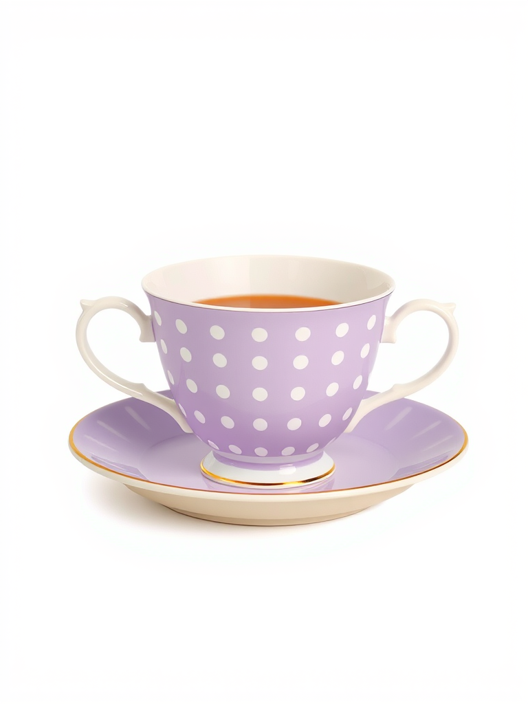 Generate a high-resolution illustration of a light purple polka-dotted teacup on a beige saucer, using a DSLR camera style with 50mm lens, f/2.8 aperture, ISO 100, and soft natural lighting for enhanced details and colors.