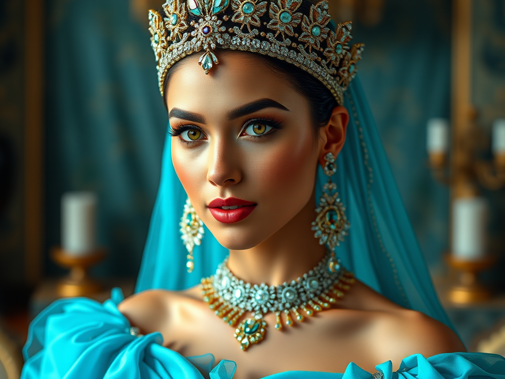 A gorgeous Coptic woman in a luxurious cyan gown, accessorized with a dazzling tiara and statement earrings, her deep Yellow eyes highlighted by impeccable makeup, poised in a royal setting, photorealistic, 8K quality