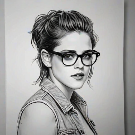 Beautiful Kristen Stewart, pencil sketch, portrait of beautiful woman 60s in glasses, hair style beatnik, outline, clear lines, fine lines, 8k