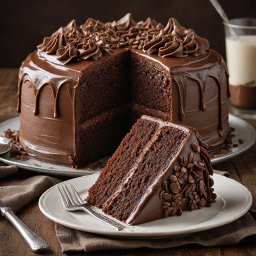 Create a realistic image of a rich chocolate cake with a smooth chocolate frosting. The cake should have a slice cut out, revealing its moist interior. The setting should have a clean, simple background to highlight the cake's texture and shine.