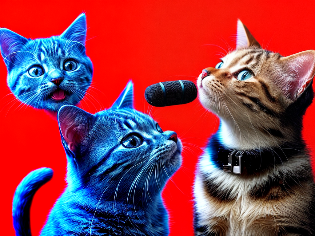 Kitten singing into microphone in a red and blue room