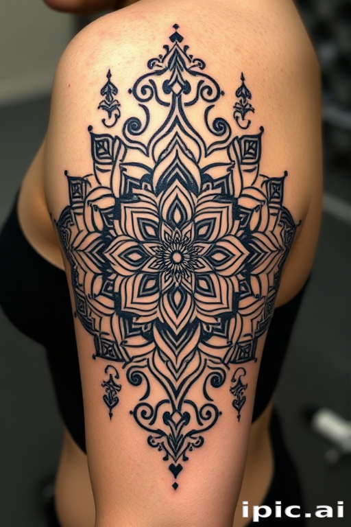 Ornamental blackwork tattoo named "Mandala Majesty" featuring intricate geometric patterns and symmetrical designs inspired by sacred symbols and spiritual art