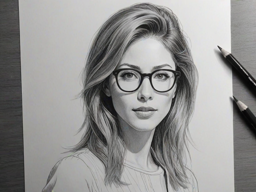 Bewitching Amanda Crew, pencil sketch, portrait of Gorgeous woman 1965s in glasses, hair style beatnik, outline, clear lines, fine lines, 8k