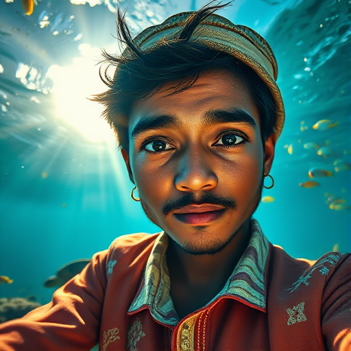 Realistic selfie image of a Sri Lankan, wearing a vintage outfit, detailed dreamy eyes, droopy hooded eyes, staring at the camera, taken underwater at coral reef with a sunbeam filtering through the water, vibrant, summer vacation, natural lighting, turtle and school of tropical fish with vibrant colors, rendered in the style of CryEngine, Pegi Nicol MacLeod, with realistic genre scenes, hauntingly beautiful narratives, ultra-realism, and Thomas Saliot's close-up technique, 8K resolution, crystal clear and sparkling water.