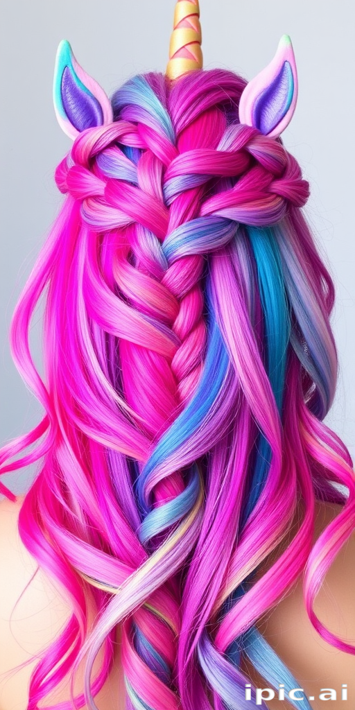 Multicolored unicorn hair featuring vibrant streaks of pink, purple, and teal, styled in a braided crown, the Rainbow Dream style showcases whimsical creativity