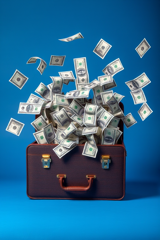 A briefcase overflowing with flying dollar bills against a solid blue background, high-resolution, 50mm lens, f/2.8 aperture, 1/125 sec shutter speed, soft lighting, macro photography style.