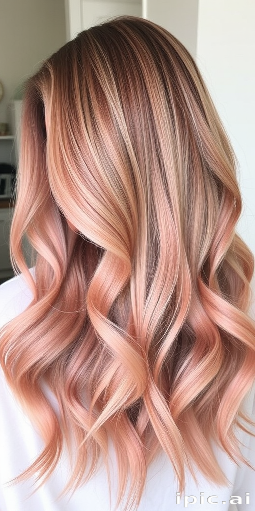 Soft rose gold balayage on a long, layered cut with face-framing tendrils and subtle waves, creating a romantic and feminine "Blushing Goddess" hairstyle