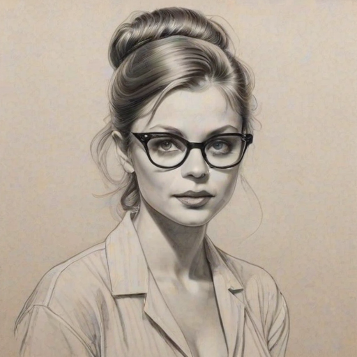Stunning Anna Baryshnikov, pencil sketch, portrait of Enticing woman 1957s in glasses, hair style beatnik, outline, clear lines, fine lines, 8k