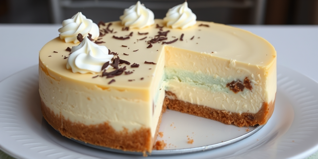 A delicious cheesecake with a smooth creamy topping decorated with swirls of whipped cream and a sprinkle of chocolate shavings on top displayed on a white plate with a light green lace underneath and a slice cut out revealing the layers of the cake with a blurred background.