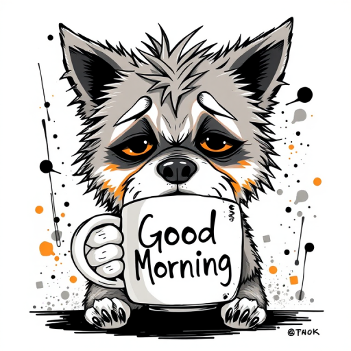A quirky, artistic illustration of a disheveled shikoku dog breed with exaggerated, large eyes and spiky fur, holding a coffee mug that reads "Good Morning". The dog has a tired but humorous expression, with ink splatters and abstract details surrounding it, giving a whimsical feel to the image. The color palette is mostly monochrome with hints of orange in the eyes and steam rising from the mug, enhancing the overall sleepy vibe