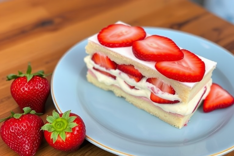 Delicious strawberry dessert layered with sponge cake and creamy filling served on a light blue plate with fresh strawberries on a wooden table.