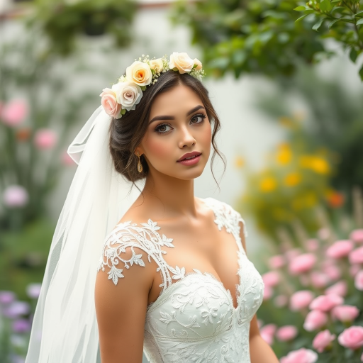 Garden scene, bridal model, delicate lace gown, floral headpiece, soft romantic focus, high-key lighting and an 85mm lens for soft, even tones that highlight the model’s face and bright outfit against a white or light background