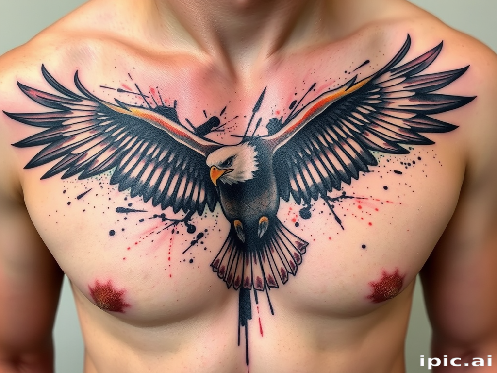 Dynamic brush stroke tattoo of a soaring eagle across the chest, utilizing bold, expressive lines and splatters to capture the bird's movement and power in an artistic, abstract style